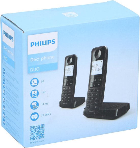 Téléphone sans fil Philips D2752B/12 - DECT - 2 combinés - Téléphone fixe - Ligne fixe - Identification du numéro - Noir