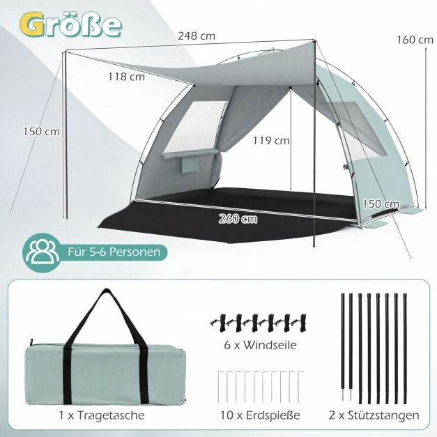 Coast Strandtent 260 × 150 × 160 cm – Abri de plage avec auvent, protection UV UPF 50+, fenêtres en filet et sac de transport – Vert