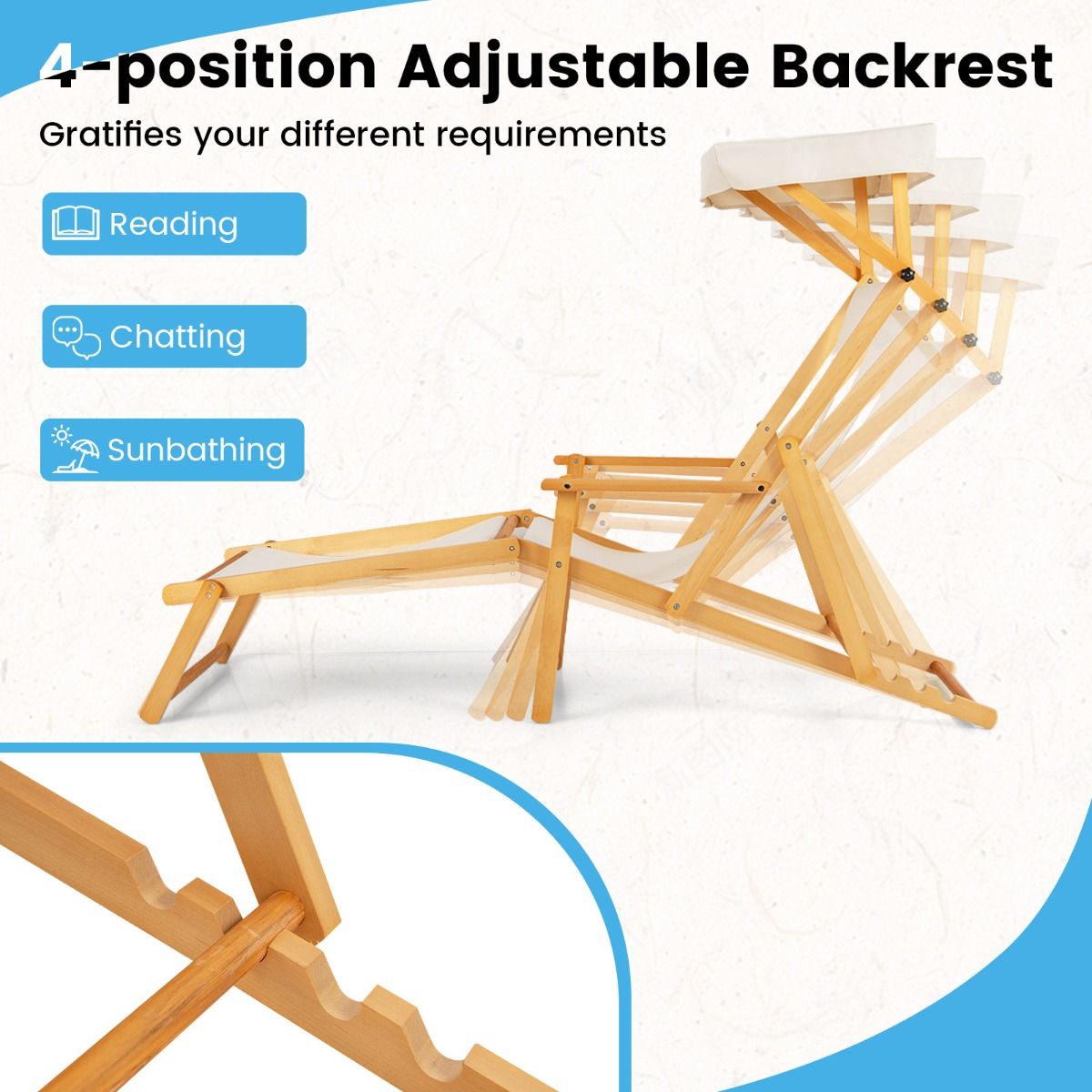 Chaise longue de plage pliable Coast Birchwood avec baldaquin, dossier et repose-pieds réglables - Beige/Naturel - 170x62x140 cm