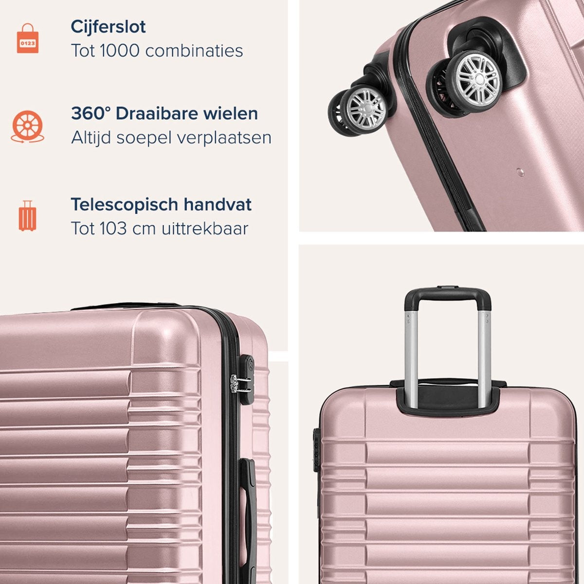 TRVLMORE Set de valises - 3 pièces - 38L (bagage à main) + 70L + 110L - Rose Gold