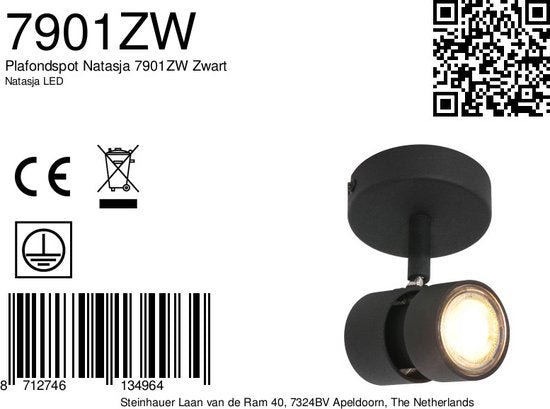 Spot Natasja 7901ZW : spot noir à 1 focale en métal avec ampoule GU10 à intensité variable, design moderne et orientable, adapté à un usage intérieur, Steinhauer