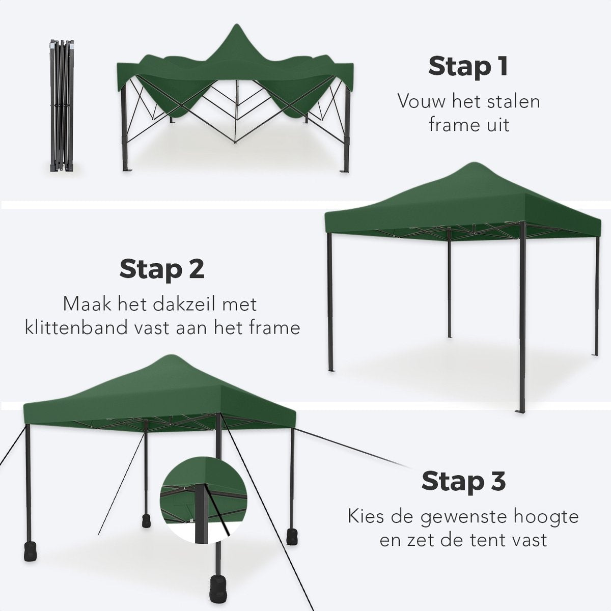 Chapiteau de jardin LifeGoods - 3x3 m - Pliable - Etanche - Sac de transport à roulettes - Vert foncé