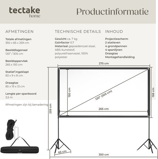 tectake® Beamer Screen - 120 pouces (305 cm) - Écran de projection 16:9 avec double trépied - 4K HD - enroulable - extensible - toile de projection - écran de présentation - Home Cinema - sac de transport inclus