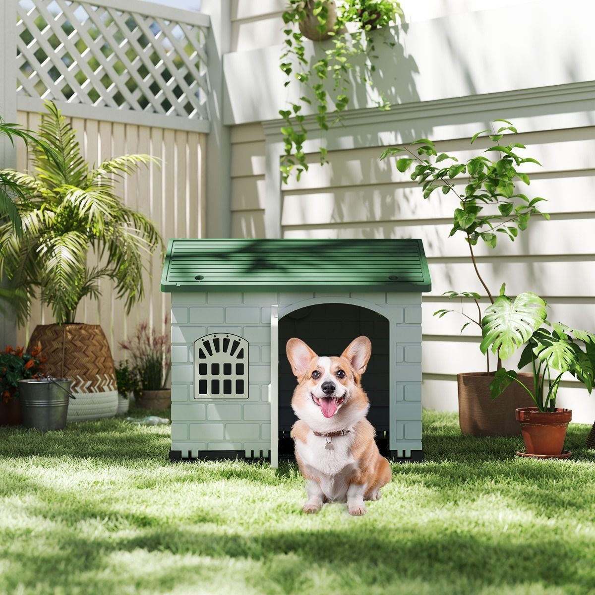 Niche pour chien Coast en plastique - résistante aux intempéries - porte verrouillable et 3 fenêtres - verte