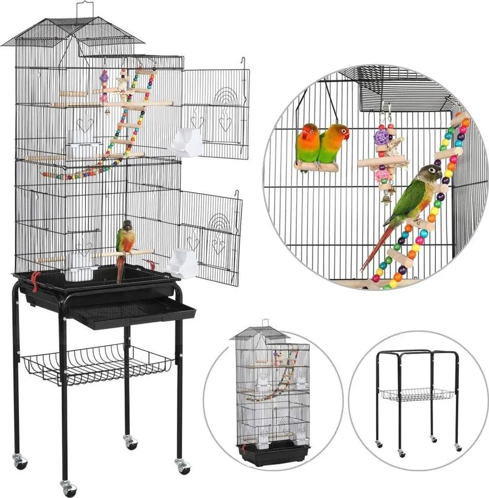 Cage à oiseaux Yaheetech XL - Avec pied/roulettes - 46 x 35,5 x 158,5 cm - Noir