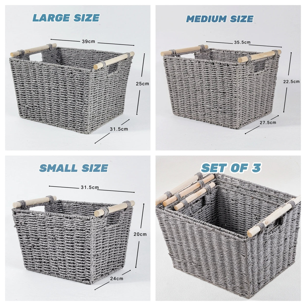 KEVAHOME : Paniers de rangement tissés à la main avec poignées en bois - Lot de 3 - Naturels et décoratifs