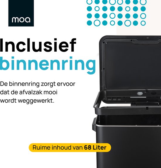 MOA Poubelle avec capteur - 68 litres - Poubelle - Acier inoxydable et ABS durable - Antidérapant - Couvercle silencieux - Mode de fermeture différée - Noir - SB03B