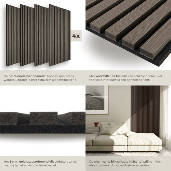 Panneaux acoustiques tectake® - Lot de 4 - Panneau mural acoustique - 50 x 110 cm - 2,2 m² - Panneaux muraux aux dimensions ajustables - Panneau à lattes en MDF et placage de bois - Isolation acoustique - Décoration murale élégante - Montage facile - Gris