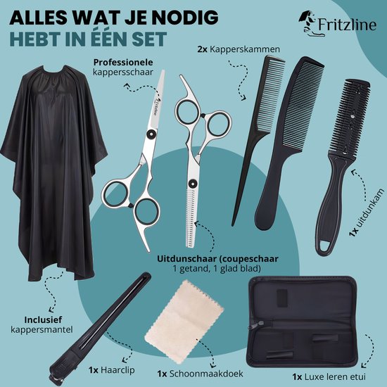 Kit de coiffure Fritzline 9 pièces - Ciseaux de coiffure - Blouse de coiffure - ciseaux à cheveux - coiffeur - ciseaux de coiffure - ciseaux à effiler - ciseaux à effiler de coiffure - kit de coiffure professionnel - blouse de coiffure - blouse de coiffeu
