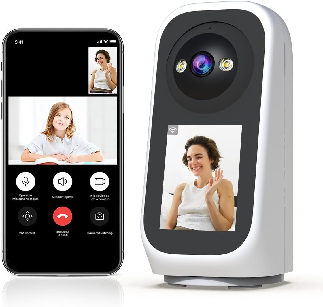 Caméra de sécurité d'intérieur JOOAN 2K avec écran 2,8 pouces – PTZ 360° – Wi-Fi 5G – Vidéo bidirectionnelle – Blanche