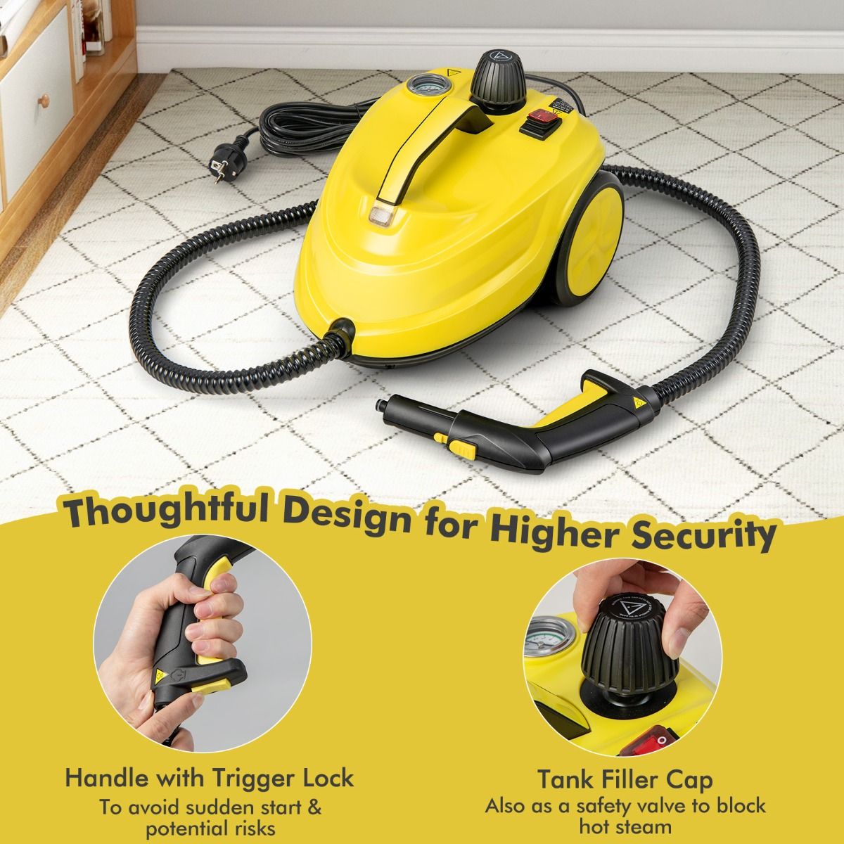 Coast Multifunction Steam Cleaner 2000W - 37x26x25 cm - Jaune - 1.8L Capacité d'eau - 13 Accessoires - Pour Tapis, Fenêtres et Sols