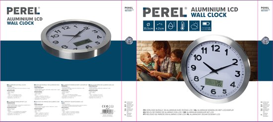 Perel Horloge murale, ronde, analogique, 35 cm, écran LCD avec thermomètre, hygromètre et prévisions météorologiques, aluminium, argent