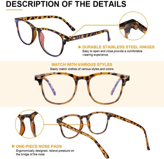 Lunettes anti-lumière bleue - Lunettes pour ordinateur - Temps passé devant l'écran - Monture légère - Unisexe - Motif écaille