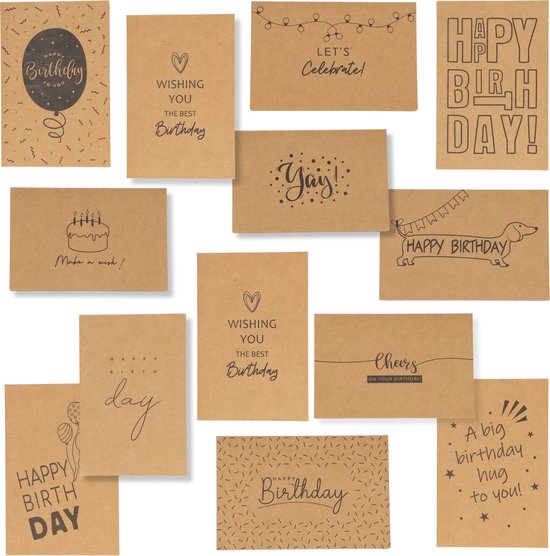 Partizzle 36x Cartes d'anniversaire durables avec enveloppe - Envoyer des cartes postales - Cartes d'anniversaire amusantes en kraft - Adultes - 15x10 cm