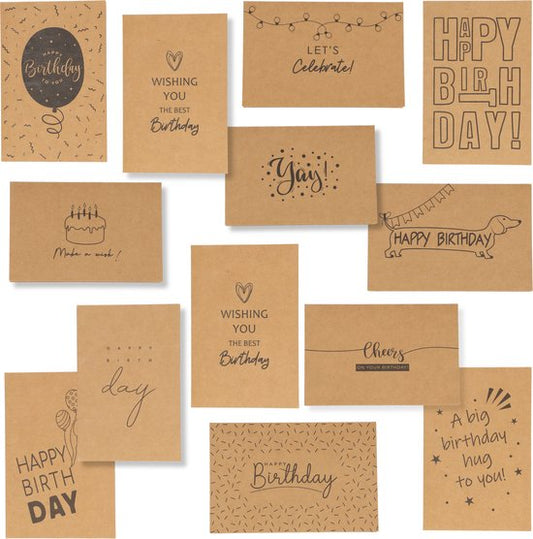 Partizzle 36x Cartes d'anniversaire durables avec enveloppe - Envoyer des cartes postales - Cartes d'anniversaire amusantes en kraft - Adultes - 15x10 cm