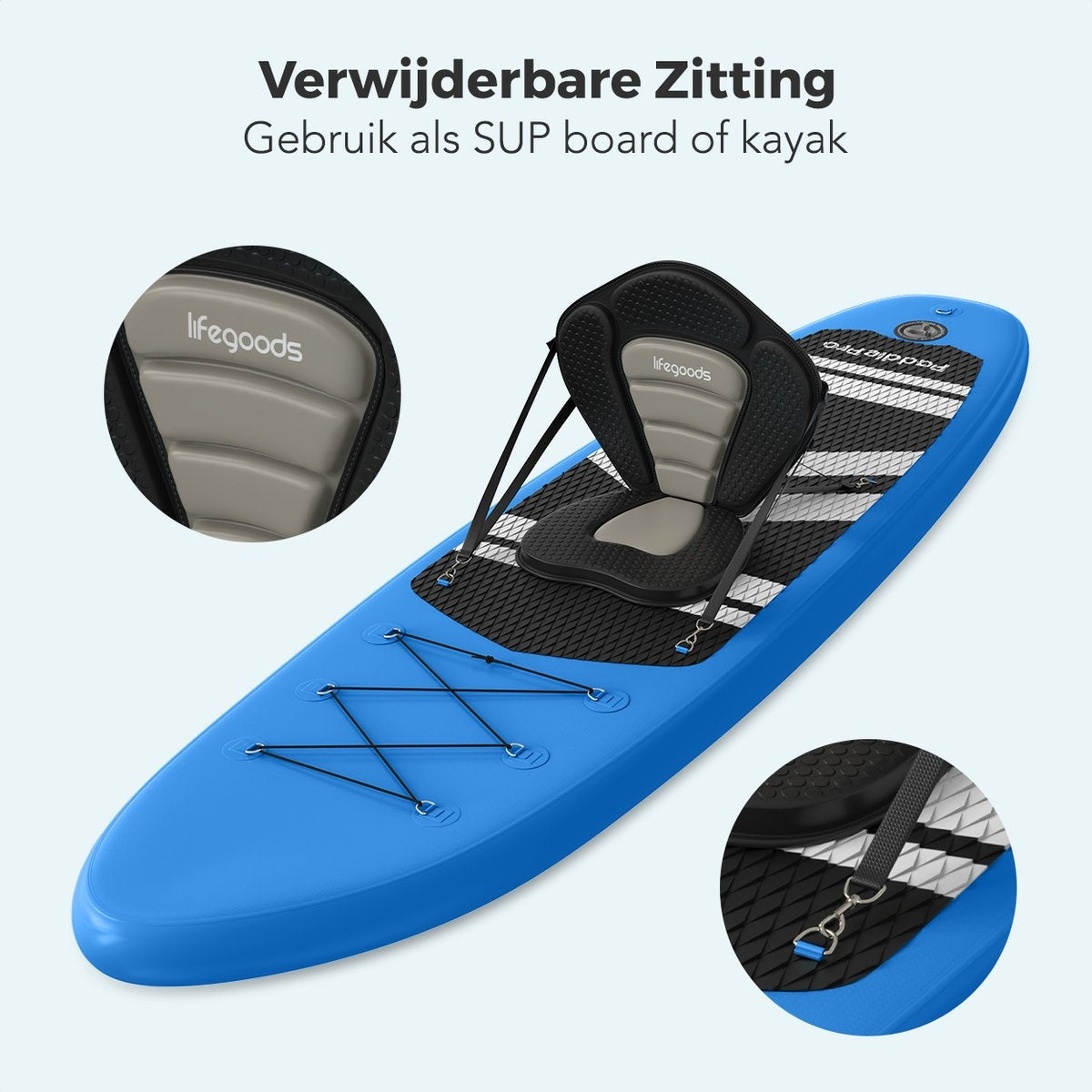 LifeGoods SUP Board - avec siège - Inflatable Paddle Board - Set complet - Max. 135KG - 320x81cm - Bleu