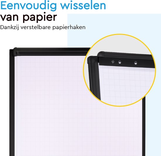 BRASQ Flipchart Mobile - 70x100 cm - Tableau blanc ajustable - Comprend 25 feuilles de papier, 4 marqueurs, 8 aimants, une gomme - Flipchart avec trombone et crochets - Tableau magnétique - Tableau magnétique - Noir