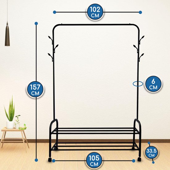 Vonia Rack à vêtements 157 x 34 x 105 cm - Rack à vêtements sur roulettes - Rack à vêtements avec porte-chaussures - Rack à vêtements en métal - Rack de penderie - Noir