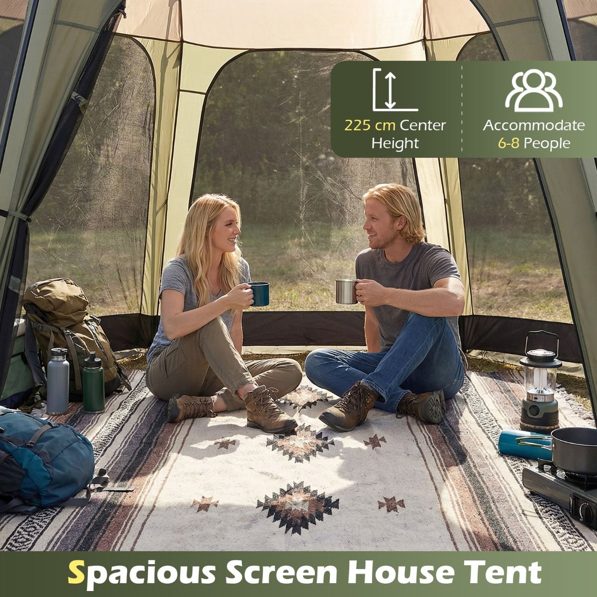 Tente de camping Coast avec moustiquaire - Tente de jardin pliable pour 6 à 8 personnes - 380 x 355 x 225 cm - Vert/Noir