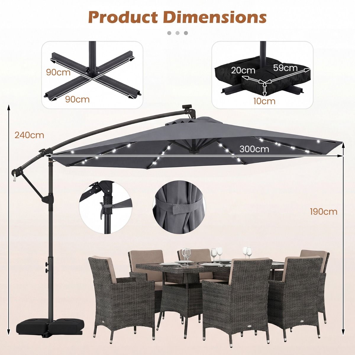 Parasol de jardin Coast à énergie solaire - Éclairage LED - Orientable à 360° - Gris