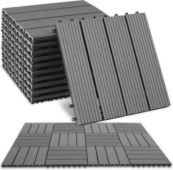tectake® WPC wood tiles - Dalles aspect bois - Résistant aux intempéries - Sol extérieur - Dalles de sol - Sol de balcon - Dalles de terrasse avec système click - Drain - Lot de 11 - Gris
