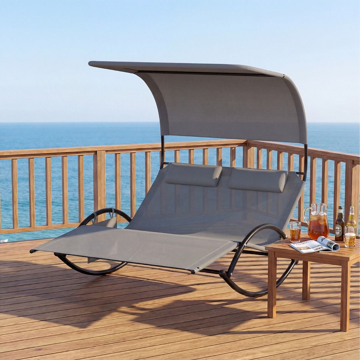 Fauteuil à bascule double Coast - avec auvent - coussins confortables - gris