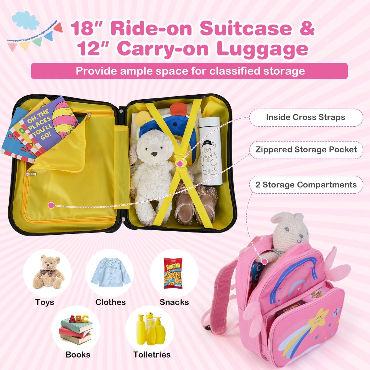 Ensemble valise et sac à dos pour enfant Coast - valise-siège avec motif d'abeilles - poignée réglable - rose