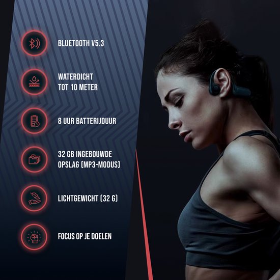 Tech Essentials Hydro X10 - Ecouteurs de sport - Sans fil - Oreille ouverte - IPX8 - 32GB - Ecouteurs à conduction osseuse - Ecouteurs - Course - Bluetooth