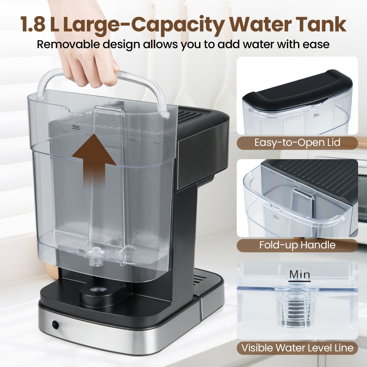 Machine à expresso Coast 20 bars 1 200 W - Mousseur à lait à vapeur - Réservoir d'eau de 1,8 L - Écran tactile - Noir/Argent - 26 x 21 x 28 cm