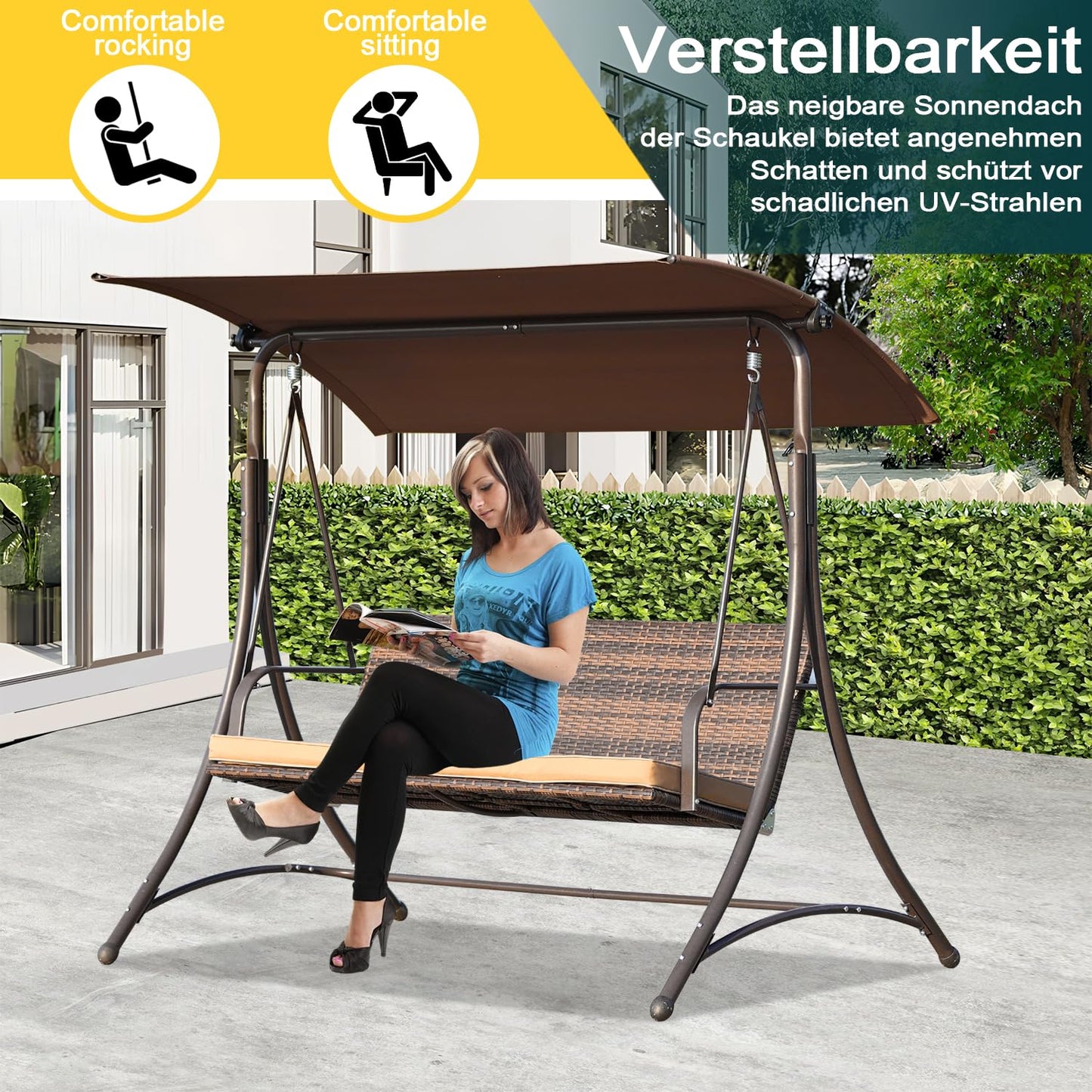 Angel Living - Balançoire Hollywood - Balançoire de jardin en rotin 3 places - Auvent réglable - Marron - 170 x 110 x 152 cm