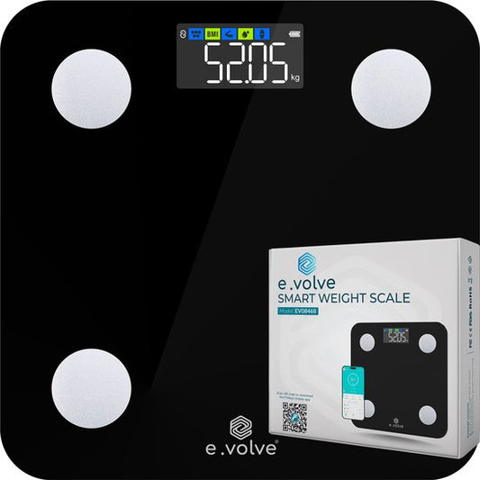 e.volve Scale Pèse-personne numérique - 20 mesures - Pèse-personne intelligent avec analyse du corps - Écran couleur - Pèse-personne de précision - Pèse-personne - Pèse-personne numérique - App. incluse.