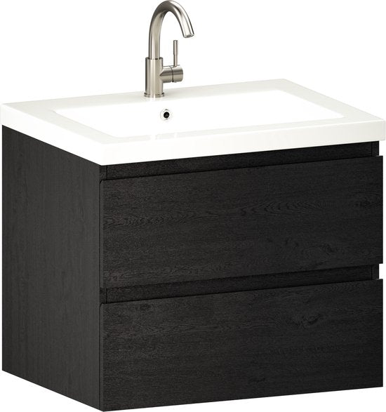 Meuble de salle de bains Mirlux en chêne noir 60 cm - Lavabo blanc - Ensemble de meubles de salle de bains - Meuble-lavabo en chêne noir