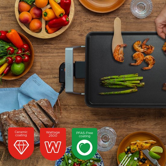 Bourgini Multiplate Pure - Sans PFAS - Appareil à griller - 46 x 26 cm - Thermostat réglable - Gril électrique 2500 W - Revêtement antiadhésif - Noir