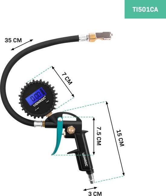 VONROC PRO Pompe à pneu - Pompe à vélo - 3 en 1 : pomper, mesurer la pression et purger - Manomètre digital - Convient aux compresseurs et à l'air comprimé - 10 bar - Jeu de tête universel EURO/DIN 7,2mm - Accessoires inclus.