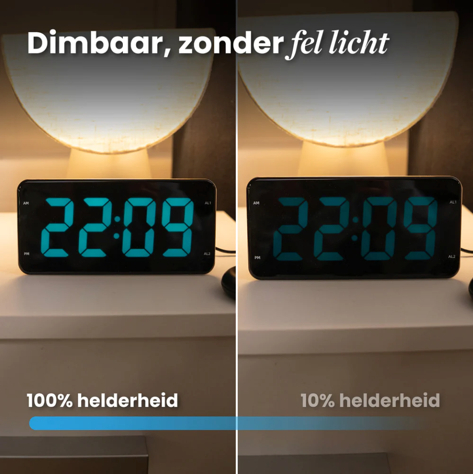 Réveil DreamCare Pulse avec fonction vibration et vibreur de lit – Doté d'un écran entièrement réglable en luminosité, d'une double alarme et d'une fonction snooze – Pour les gros dormeurs et les malentendants – Plastique noir – Câble de 180 cm