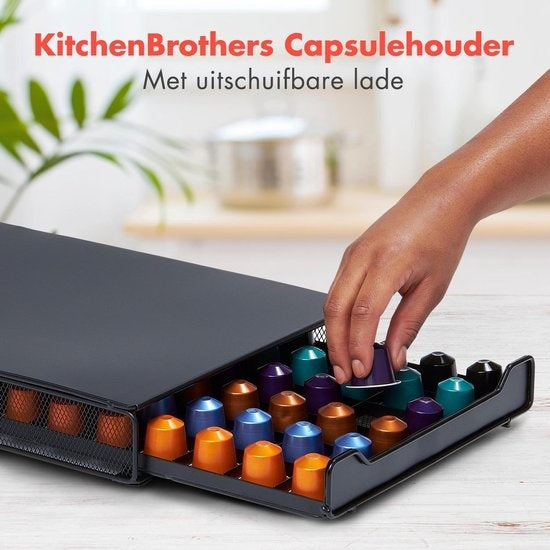 Porte-capsules - KitchenBrothers - Rangement capsules avec tiroir - 60 capsules - Noir