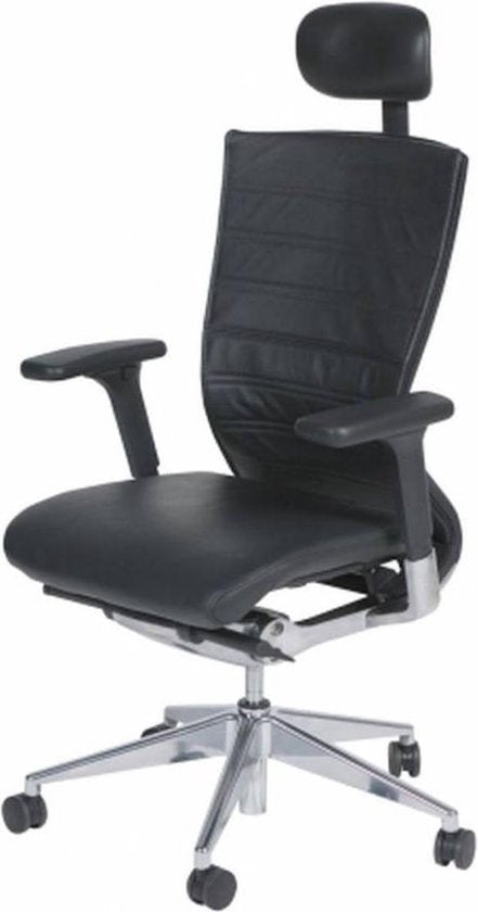 Chaise de bureau - 105, piètement chromé, assise et dossier en cuir noir/noir, accoudoirs.