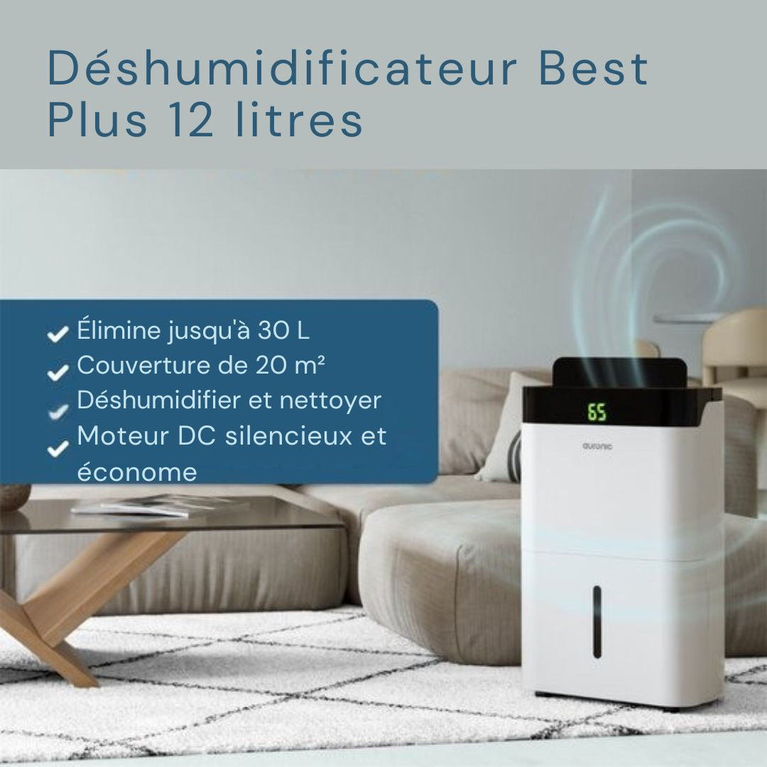 Déshumidificateur et purificateur d'air Auronic - Better Plus Series - Déshumidifie 12L par jour - Réservoir d'eau de 5L - Chambre à coucher, salle de bain, salon et bureau - Blanc