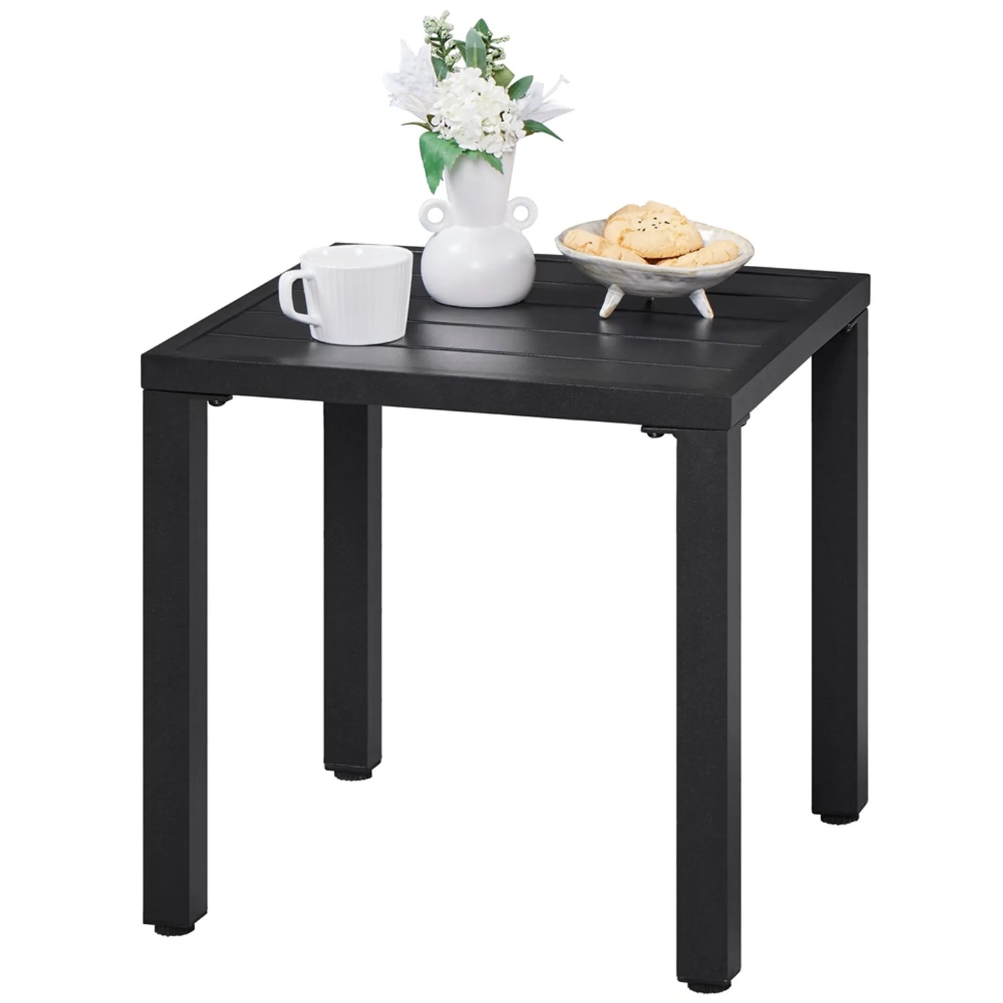 Yaheetech Table d'appoint carrée pour l'extérieur - équipée d'un plateau à lamelles, d'un revêtement en poudre électrophorétique et d'une barre de support - pour le jardin, le balcon et la terrasse - métal noir - 45 x 45 x 45,5 cm