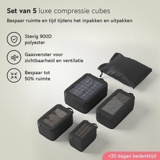 ONYX® cubes de compression - 5 pièces - Organiseurs de bagages avec zip de compression - Pour valises et sacs - Noir