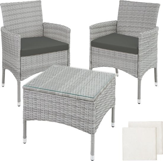 tectake® - set de jardin en osier avec housses amovibles, 2 chaises et table avec plateau en verre, 2x chaises longues d'extérieur avec accoudoirs et table de jardin, set de jardin, meubles de balcon - gris clair - poly-rattan