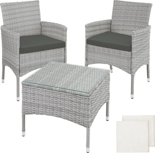 tectake® - set de jardin en osier avec housses amovibles, 2 chaises et table avec plateau en verre, 2x chaises longues d'extérieur avec accoudoirs et table de jardin, set de jardin, meubles de balcon - gris clair - poly-rattan