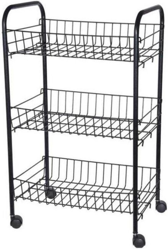 Zwarte keuken trolley met manden op wielen 39 x 23 x 64 cm