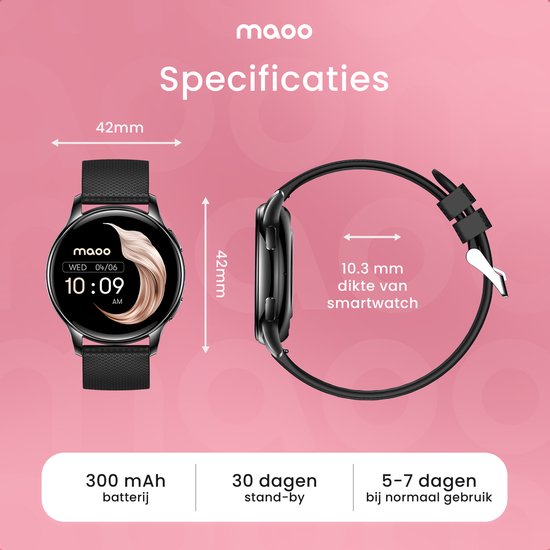 Maoo Ventura AMOLED Smartwatch Ladies - Acier inoxydable et bracelet en silicone 3x - Podomètre - Moniteur de fréquence cardiaque - Moniteur de sommeil - Multisport - Convient à Android et iOS - Noir