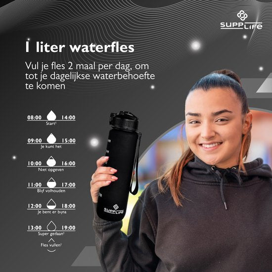 Gourde motivante Supplife de 1 litre avec texte en néerlandais - Gourde avec paille - Gourde avec repères horaires - Noire