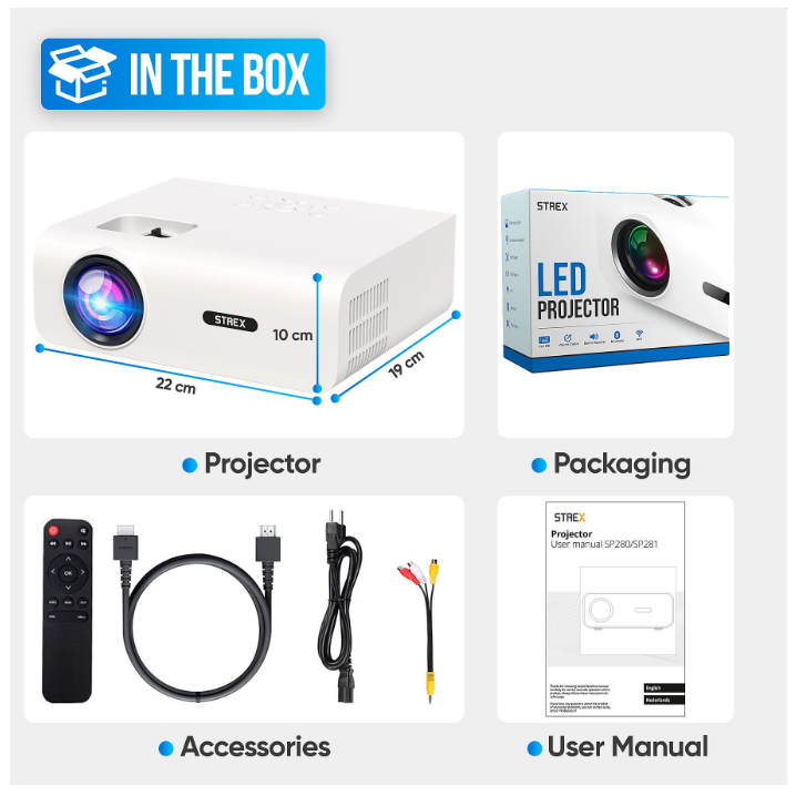 Strex - Mini vidéoprojecteur - 1080P Full HD - 15000 lumens - Streaming sans fil - WiFi - Bluetooth - Blanc