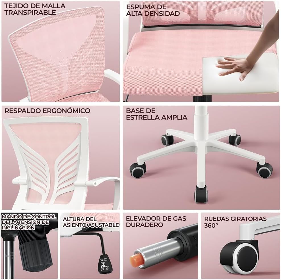 Chaise de bureau pivotante Yaheetech - Tissu maillé - Rose - Soutien lombaire ergonomique - Hauteur réglable - Fonction d'inclinaison
