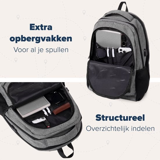 TRVLMORE Sac à dos - 36L - 17 inch - Sac à dos pour ordinateur portable - Sac d'école - Unisexe - Gris anti-éclaboussures