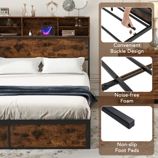 coast Cadre de lit double 200 x 140 cm - Cadre en métal avec chargeur - Rustic Brown - Avec tête de lit avec rangement