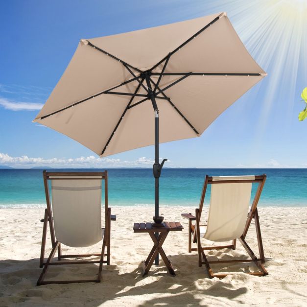 Parasol de terrasse robuste avec éclairage LED 230 cm - Marron - Inclinable avec Manivelle et Ventilation